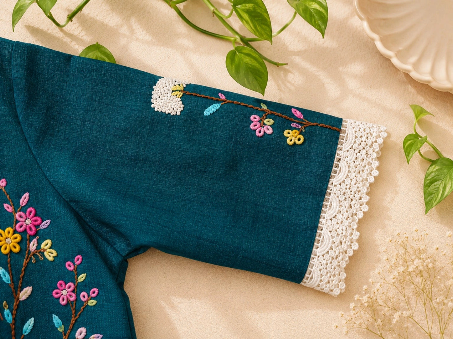 Teal Green Pure Cotton Floral Thread Work Blouse with White Lace V-Neck