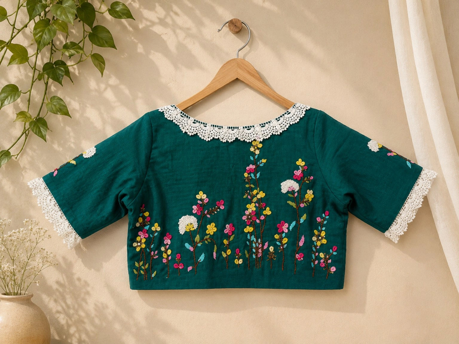 Deep Teal Pure Cotton Air-Neck Thread Work Blouse with Floral Embroidery & Lace Neckline