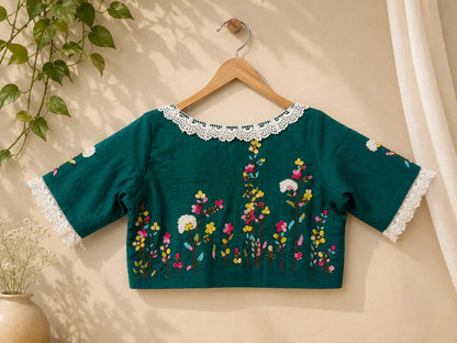Deep Teal Pure Cotton Air-Neck Thread Work Blouse with Floral Embroidery & Lace Neckline