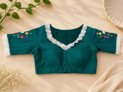 Deep Teal Pure Cotton Air-Neck Thread Work Blouse with Floral Embroidery & Lace Neckline