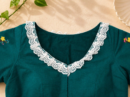 Deep Teal Pure Cotton Air-Neck Thread Work Blouse with Floral Embroidery & Lace Neckline