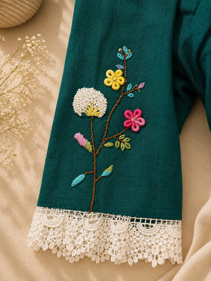 Deep Teal Pure Cotton Air-Neck Thread Work Blouse with Floral Embroidery & Lace Neckline
