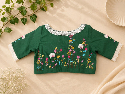 Forest Green Pure Cotton Floral Thread Work Blouse with White Lace Neckline