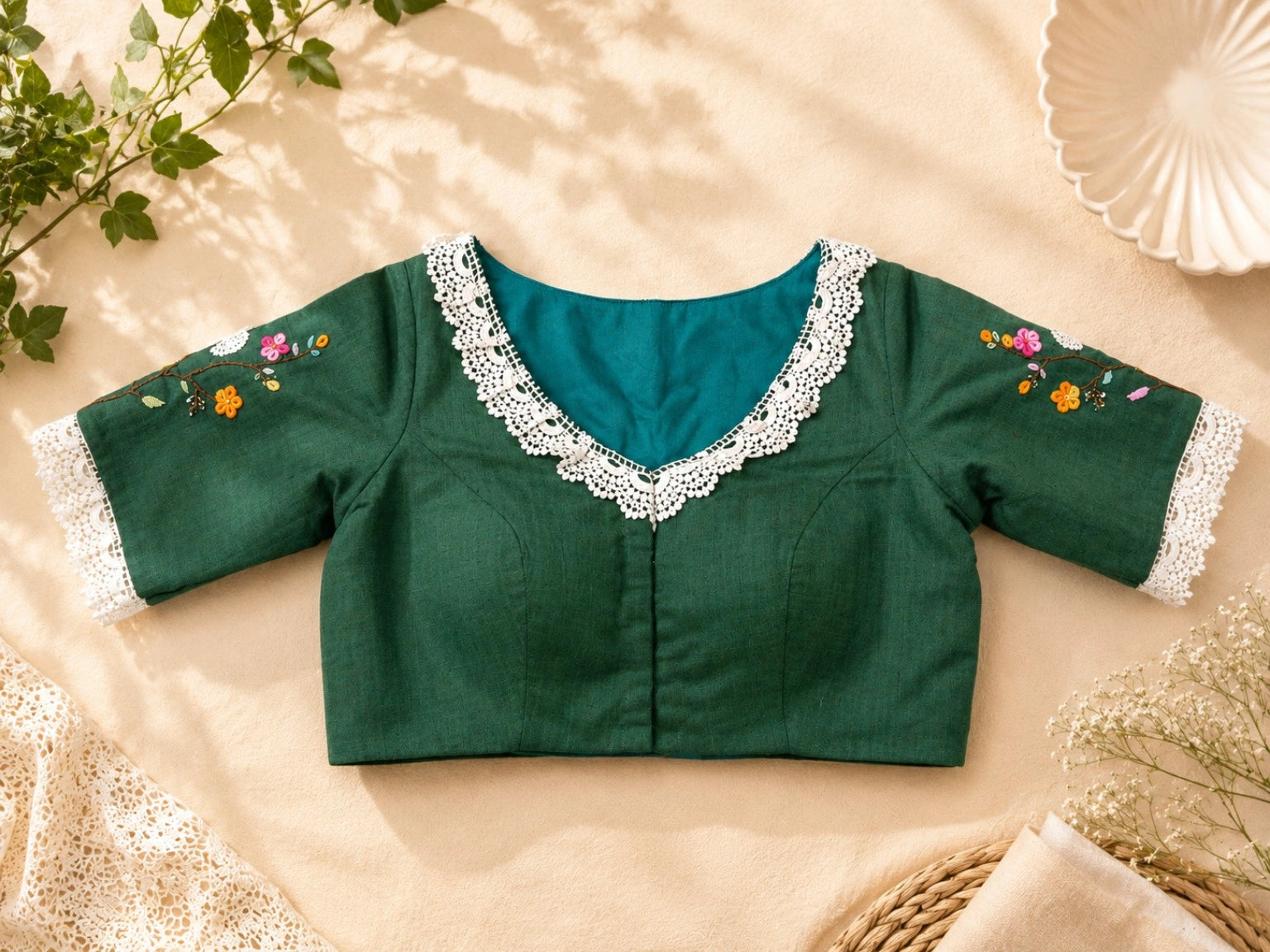 Forest Green Pure Cotton Floral Thread Work Blouse with White Lace Neckline