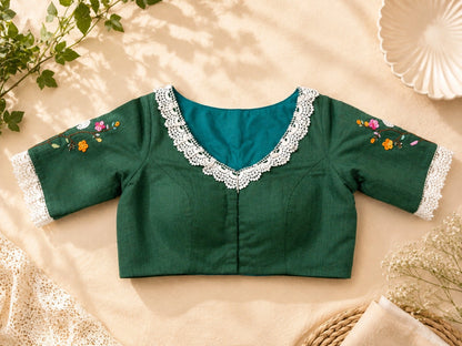 Forest Green Pure Cotton Floral Thread Work Blouse with White Lace Neckline