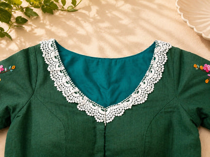 Forest Green Pure Cotton Floral Thread Work Blouse with White Lace Neckline