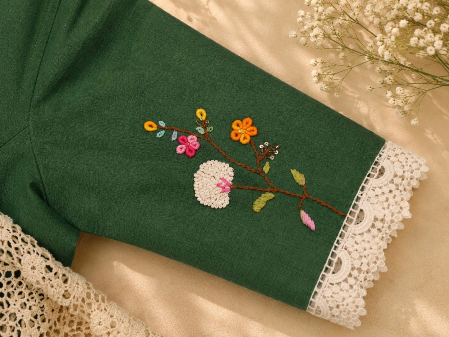 Forest Green Pure Cotton Floral Thread Work Blouse with White Lace Neckline