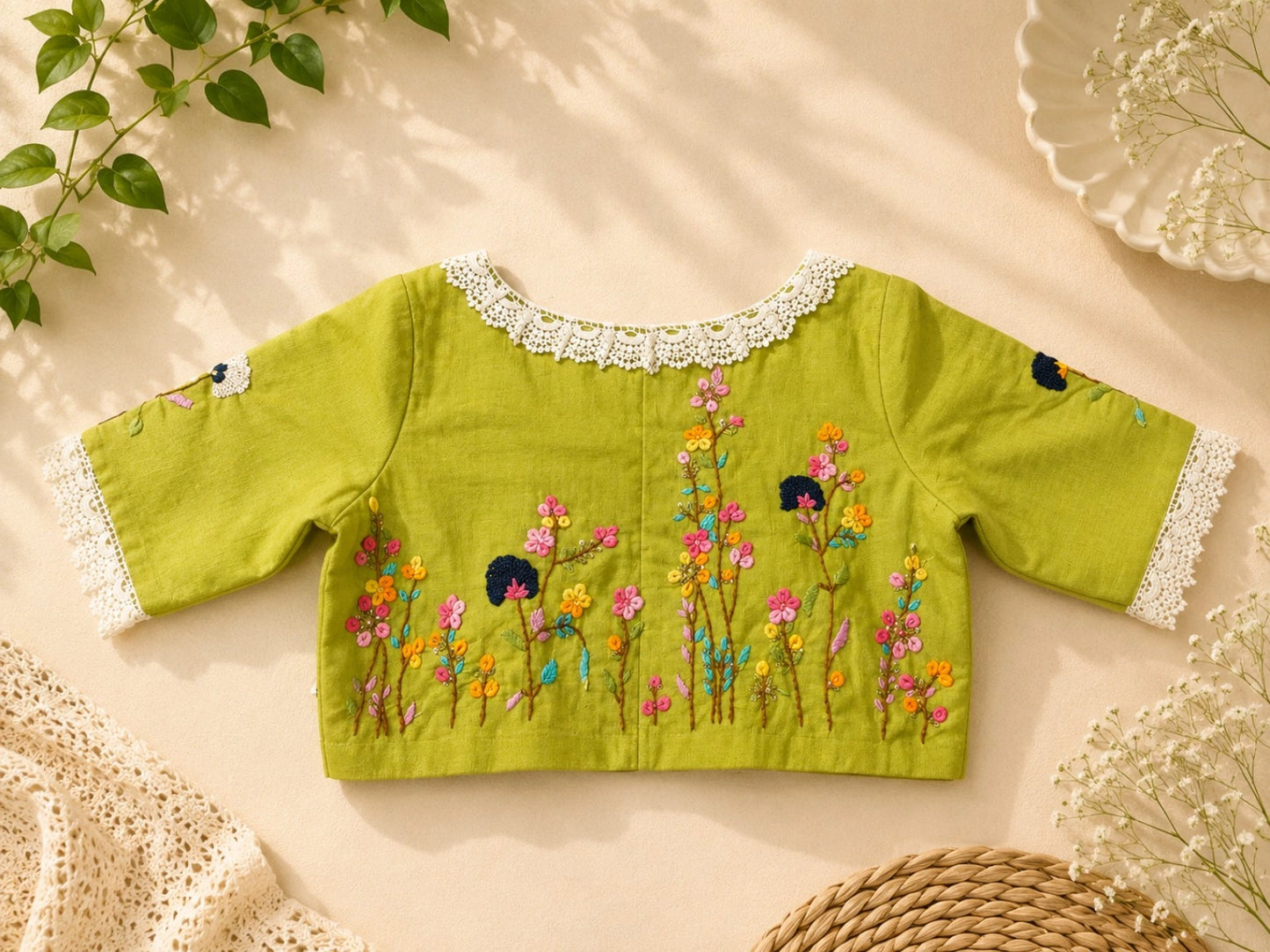 Lime Green Pure Cotton Floral Thread Work Air Neck Blouse with Crochet Lace Border