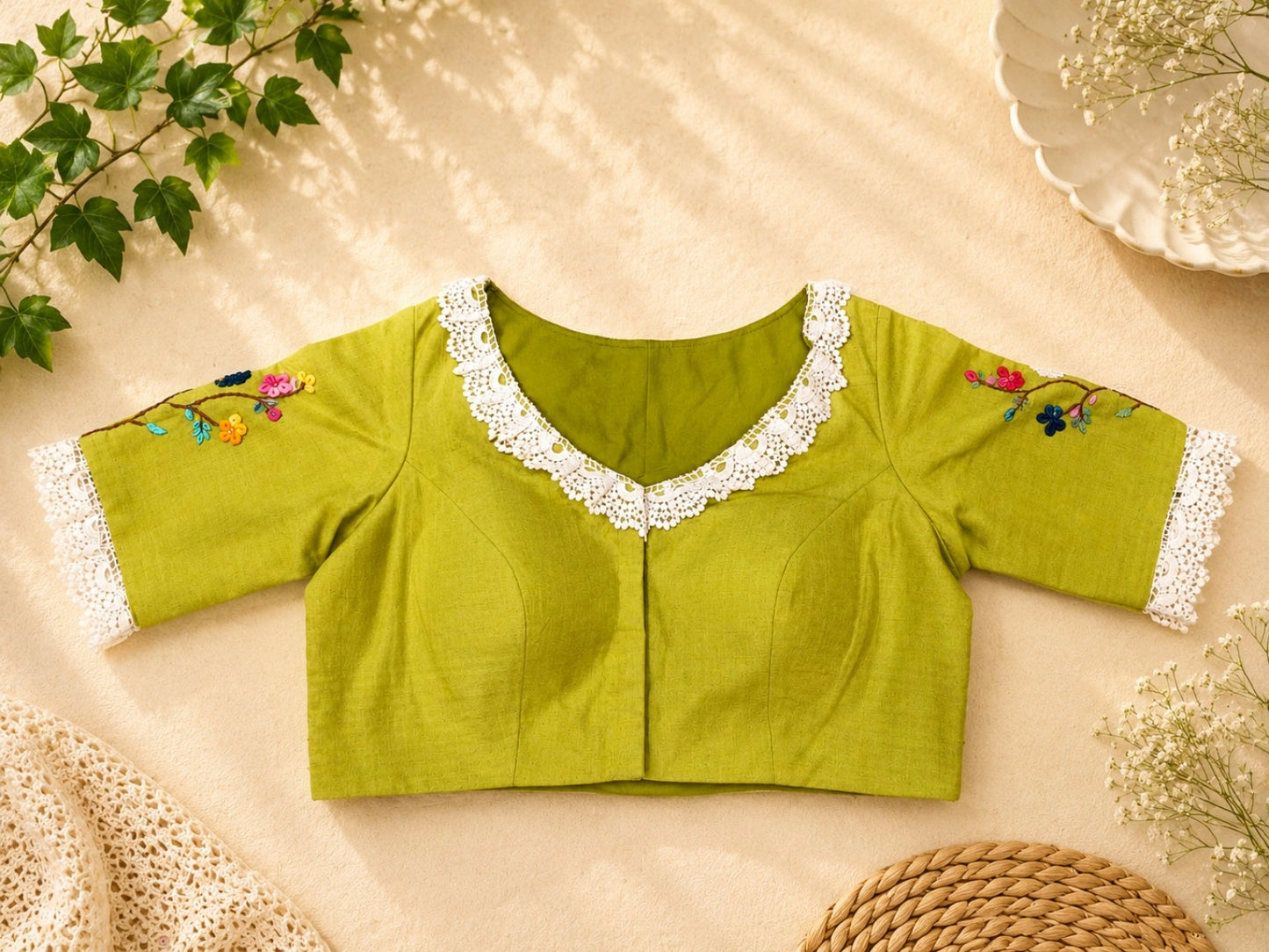 Lime Green Pure Cotton Floral Thread Work Air Neck Blouse with Crochet Lace Border