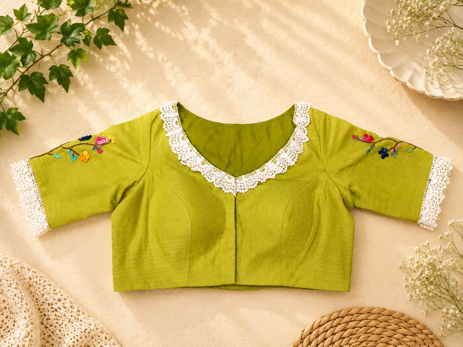Lime Green Pure Cotton Floral Thread Work Air Neck Blouse with Crochet Lace Border