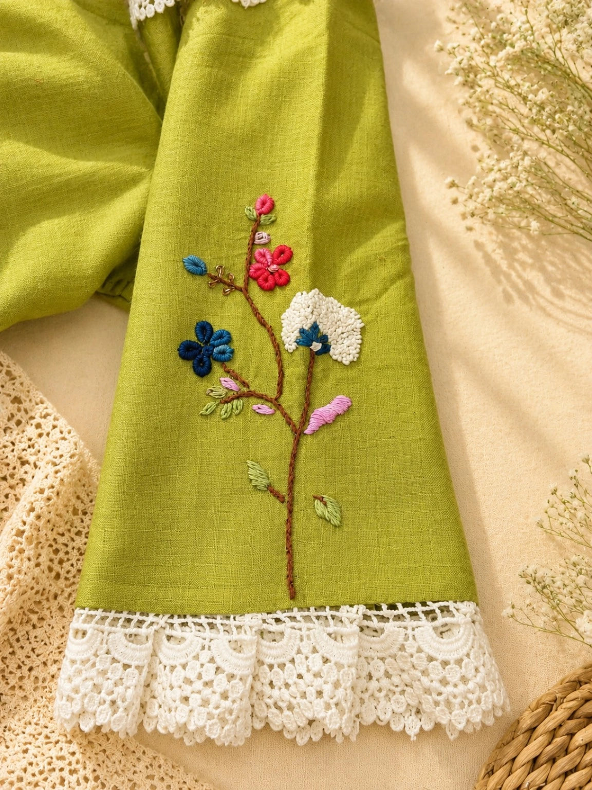 Lime Green Pure Cotton Floral Thread Work Air Neck Blouse with Crochet Lace Border