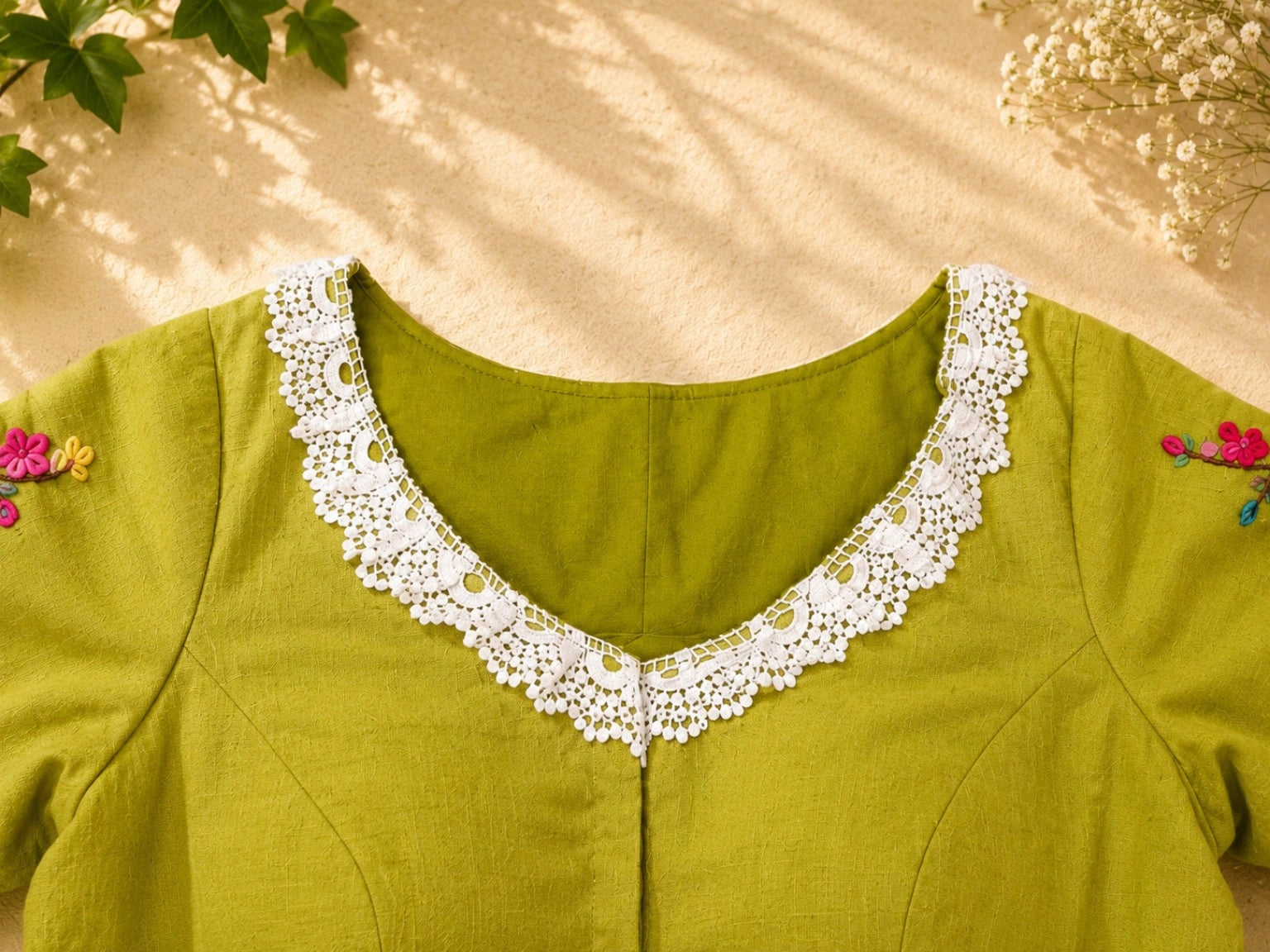 Lime Green Pure Cotton Floral Thread Work Air Neck Blouse with Crochet Lace Border