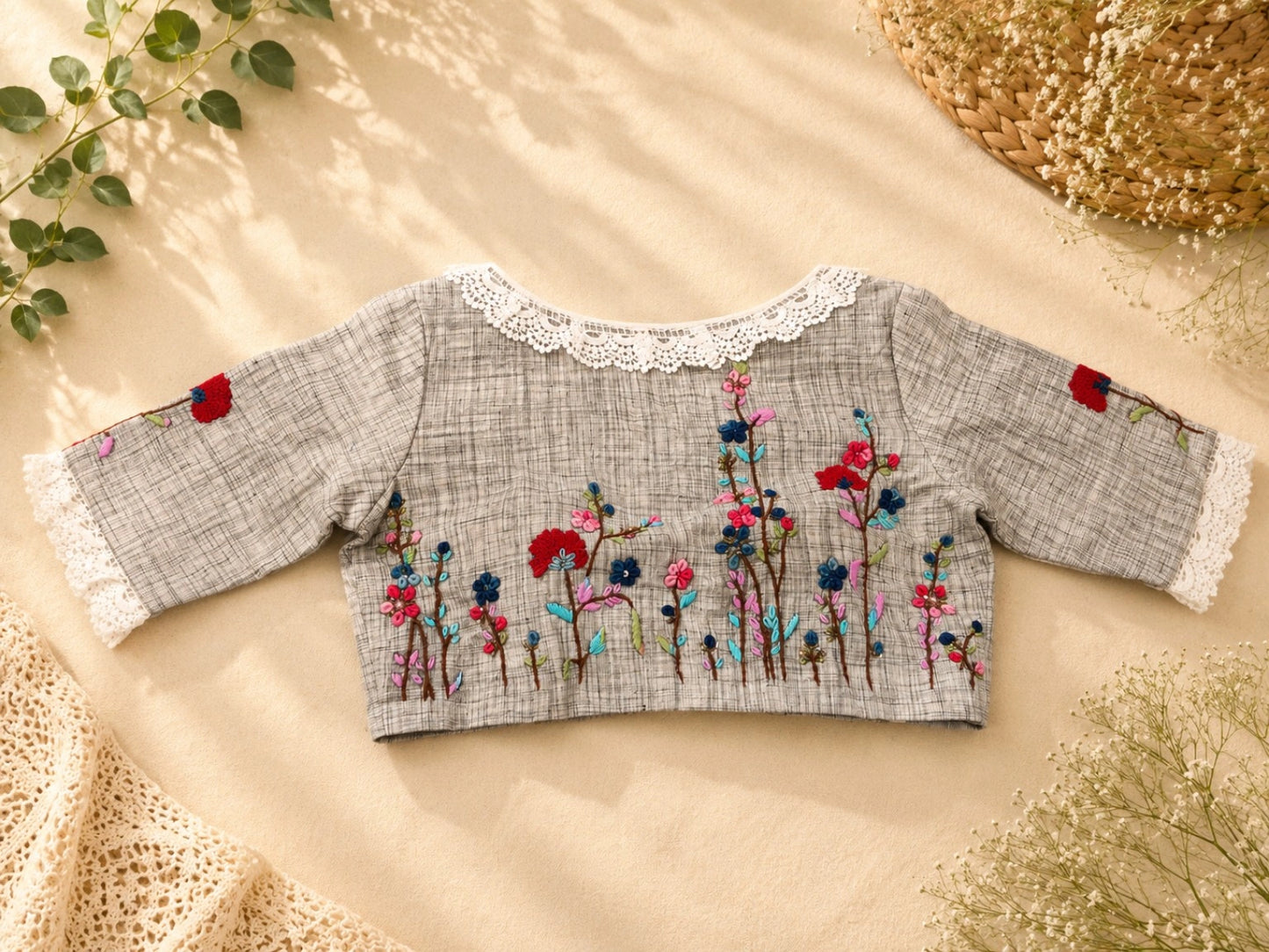 Grey Crosshatch Pure Cotton Air Neck Thread Work Blouse with Floral Embroidery & Lace Neckline