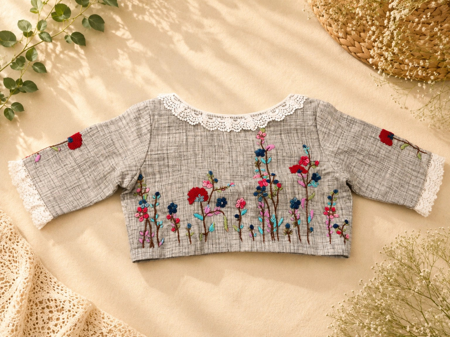 Grey Crosshatch Pure Cotton Air Neck Thread Work Blouse with Floral Embroidery & Lace Neckline