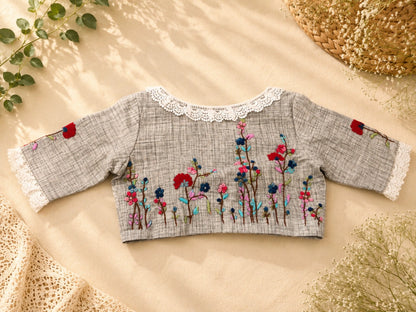 Grey Crosshatch Pure Cotton Air Neck Thread Work Blouse with Floral Embroidery & Lace Neckline