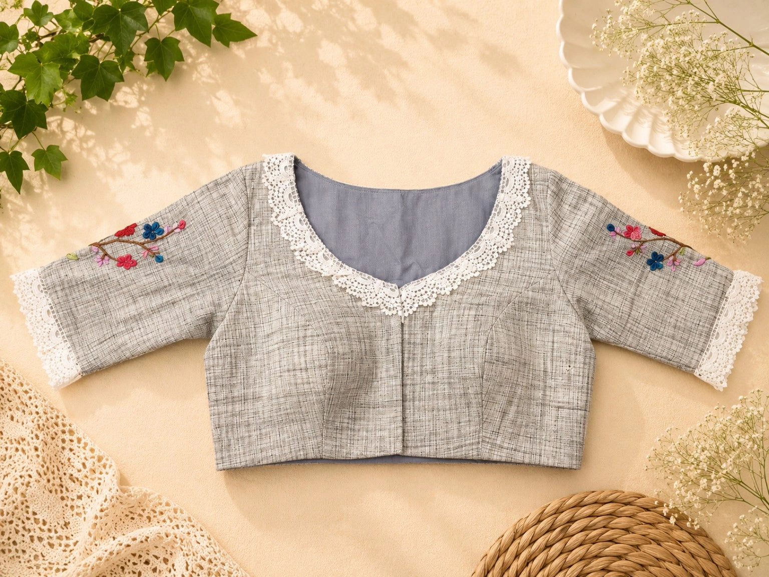 Grey Crosshatch Pure Cotton Air Neck Thread Work Blouse with Floral Embroidery & Lace Neckline