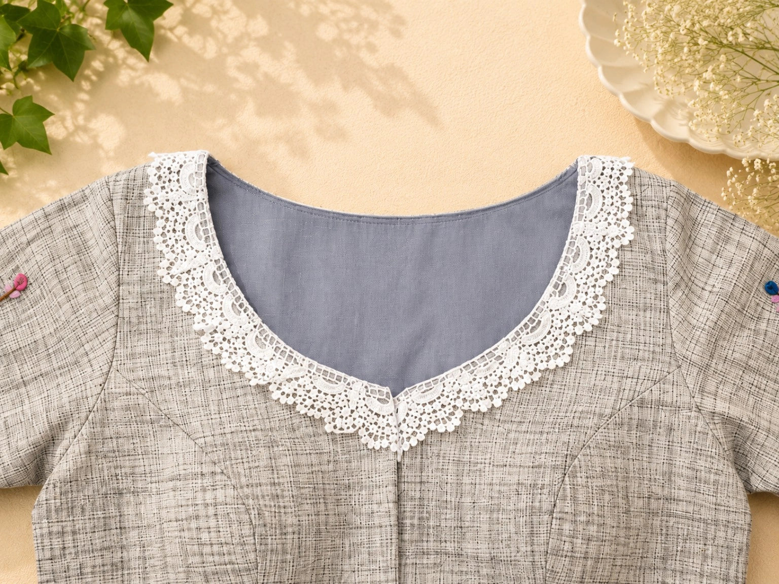 Grey Crosshatch Pure Cotton Air Neck Thread Work Blouse with Floral Embroidery & Lace Neckline