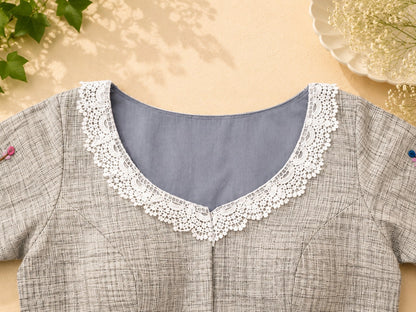 Grey Crosshatch Pure Cotton Air Neck Thread Work Blouse with Floral Embroidery & Lace Neckline