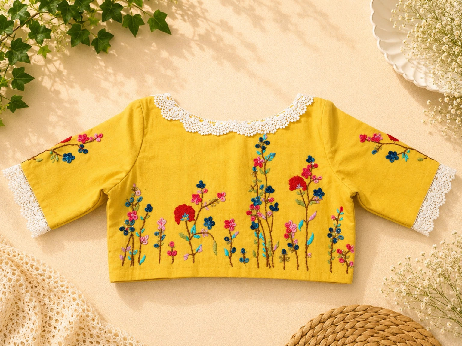Mustard Yellow Pure Cotton Floral Thread Work Blouse with White Lace Neckline 34F