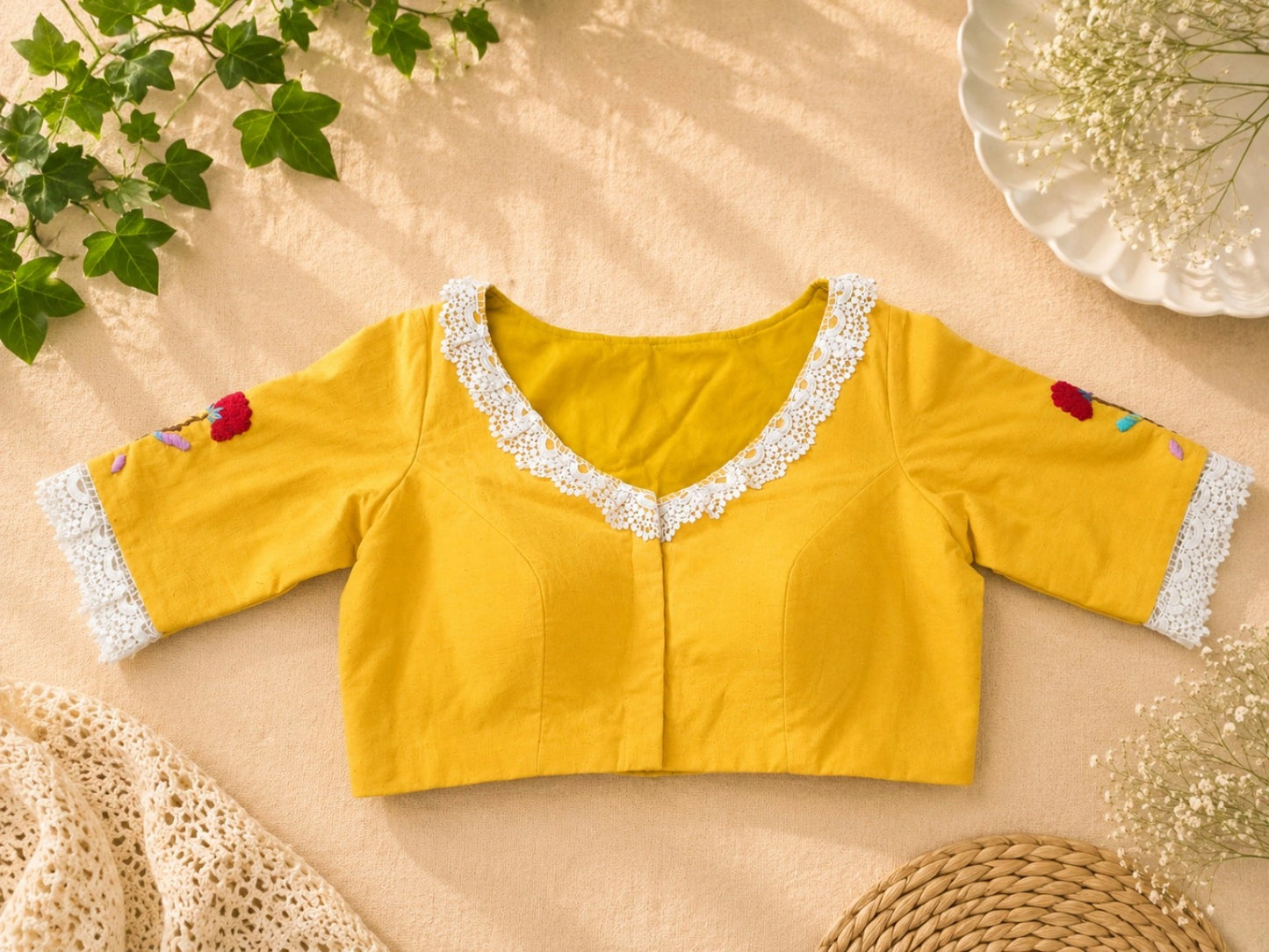 Mustard Yellow Pure Cotton Floral Thread Work Blouse with White Lace Neckline 34F