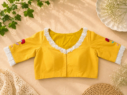 Mustard Yellow Pure Cotton Floral Thread Work Blouse with White Lace Neckline 34F