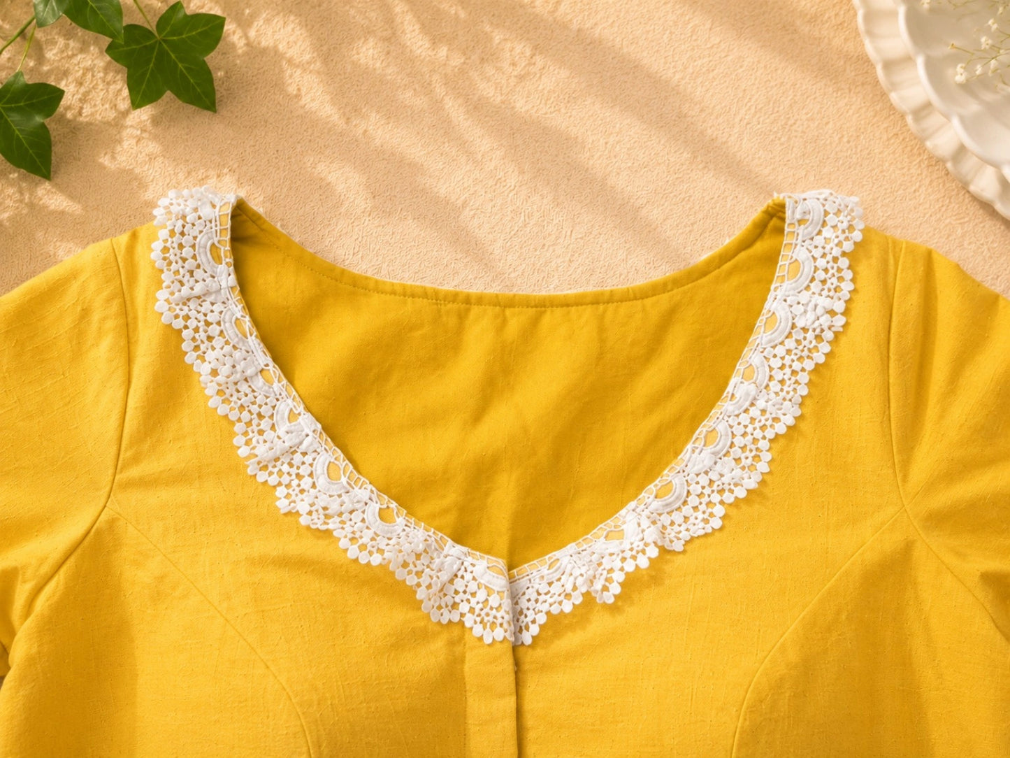 Mustard Yellow Pure Cotton Floral Thread Work Blouse with White Lace Neckline 34F