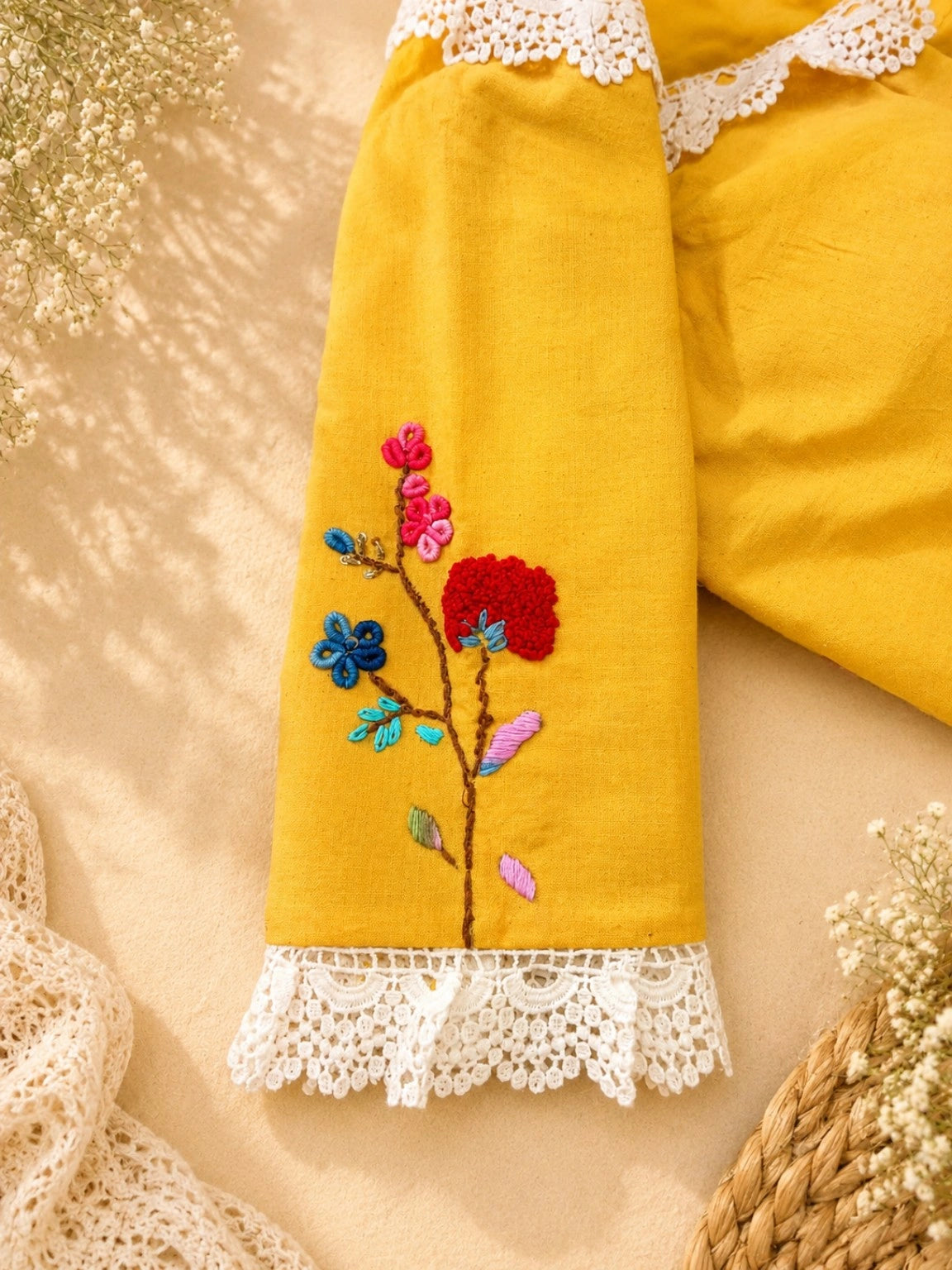 Mustard Yellow Pure Cotton Floral Thread Work Blouse with White Lace Neckline 34F