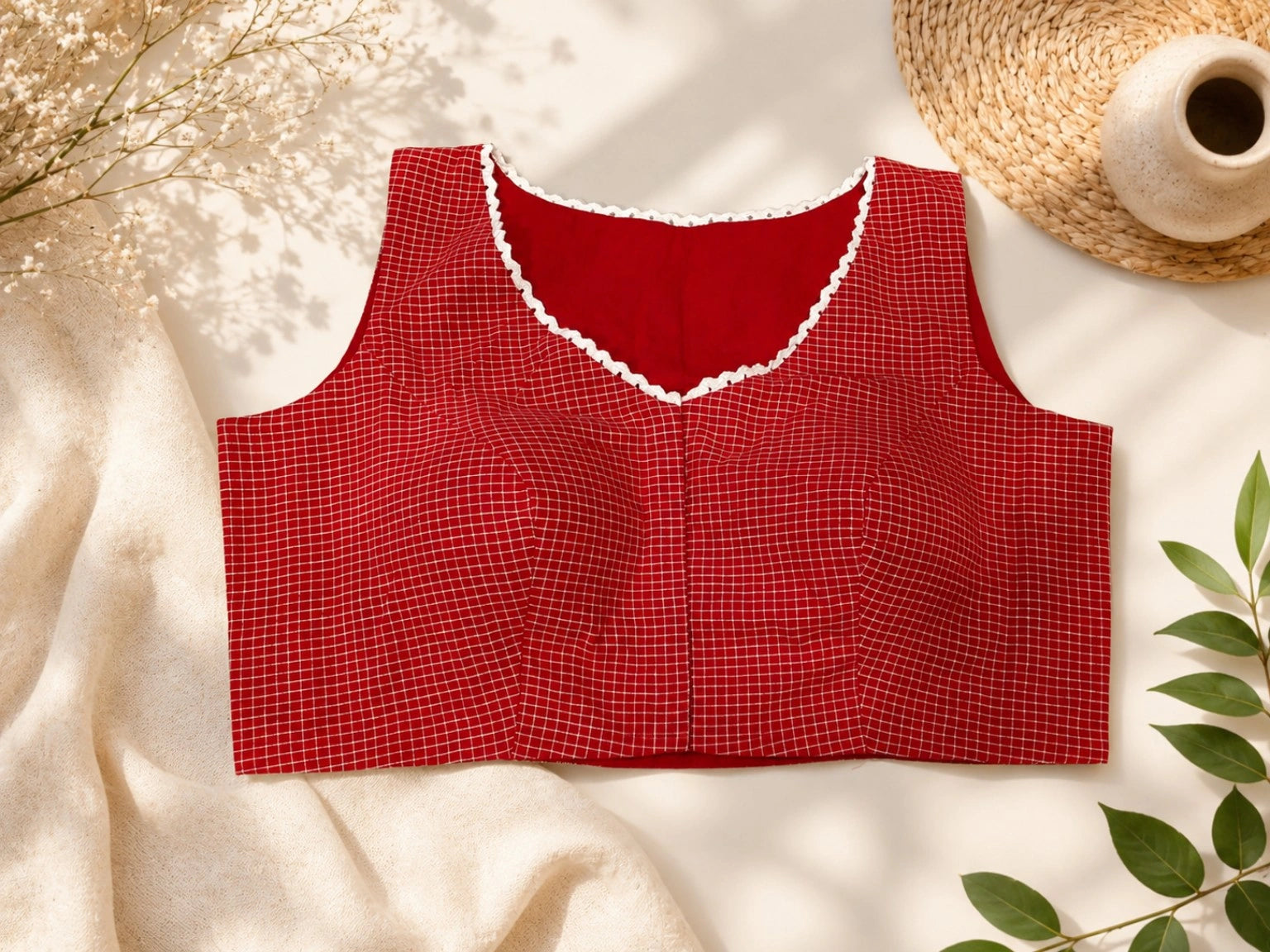 Red Cotton Jacquard Sleeveless Padded Blouse with White Lace Trim