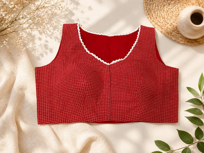 Red Cotton Jacquard Sleeveless Padded Blouse with White Lace Trim