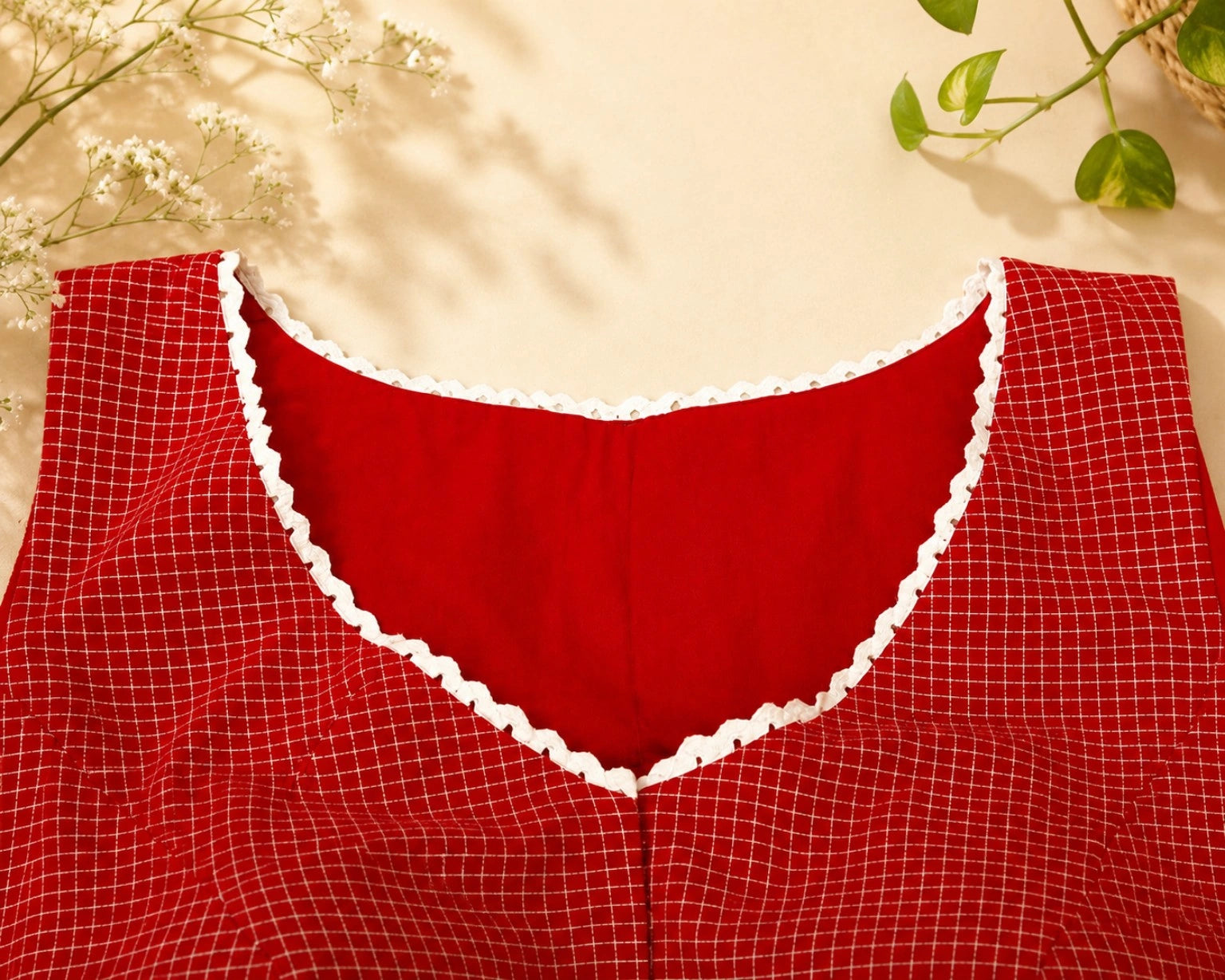 Red Cotton Jacquard Sleeveless Padded Blouse with White Lace Trim