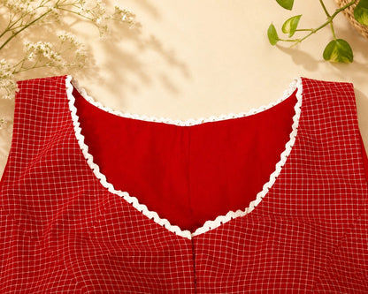 Red Cotton Jacquard Sleeveless Padded Blouse with White Lace Trim