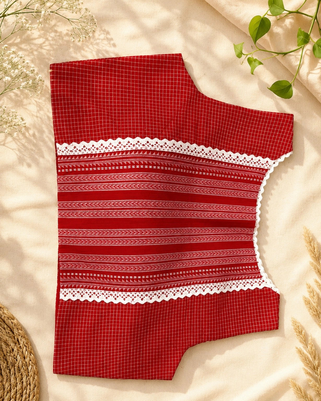 Red Cotton Jacquard Sleeveless Padded Blouse with White Lace Trim