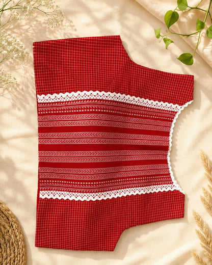 Red Cotton Jacquard Sleeveless Padded Blouse with White Lace Trim
