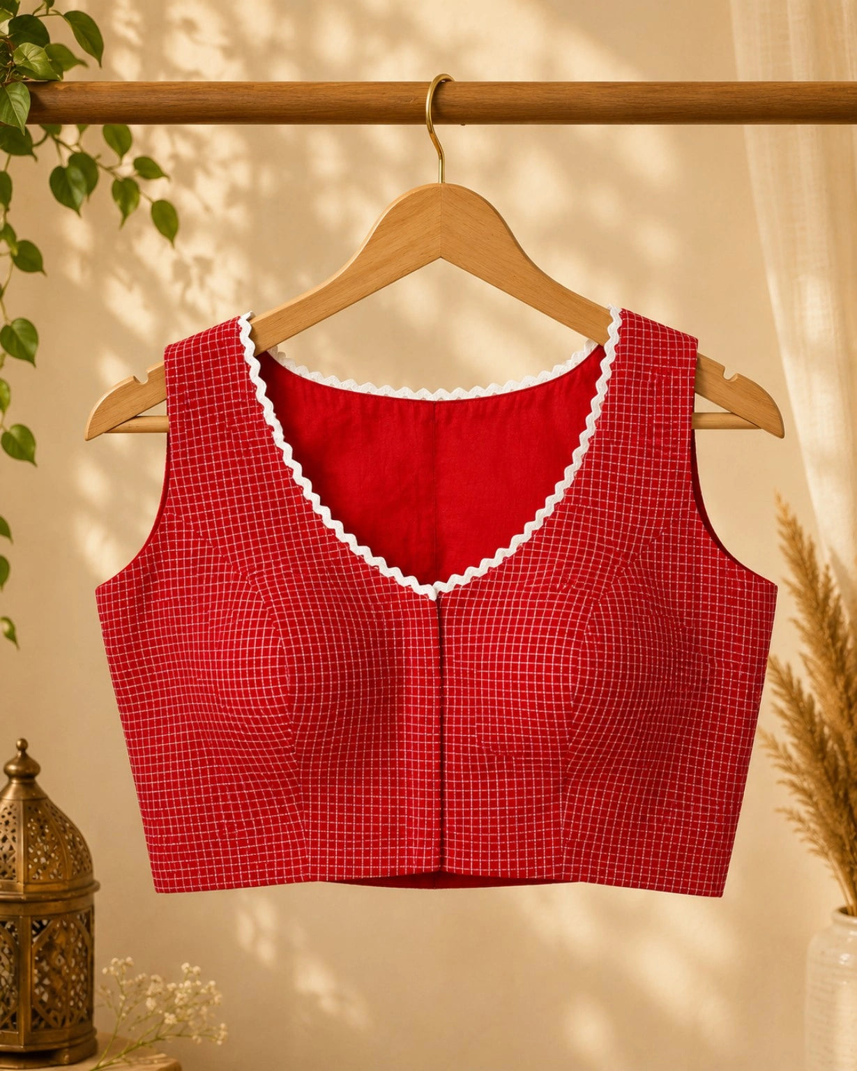 Red Cotton Jacquard Sleeveless Padded Blouse with White Lace Trim