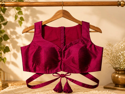 Magenta Raw Silk Sweetheart Neck Sleeveless Designer Blouse for Saree