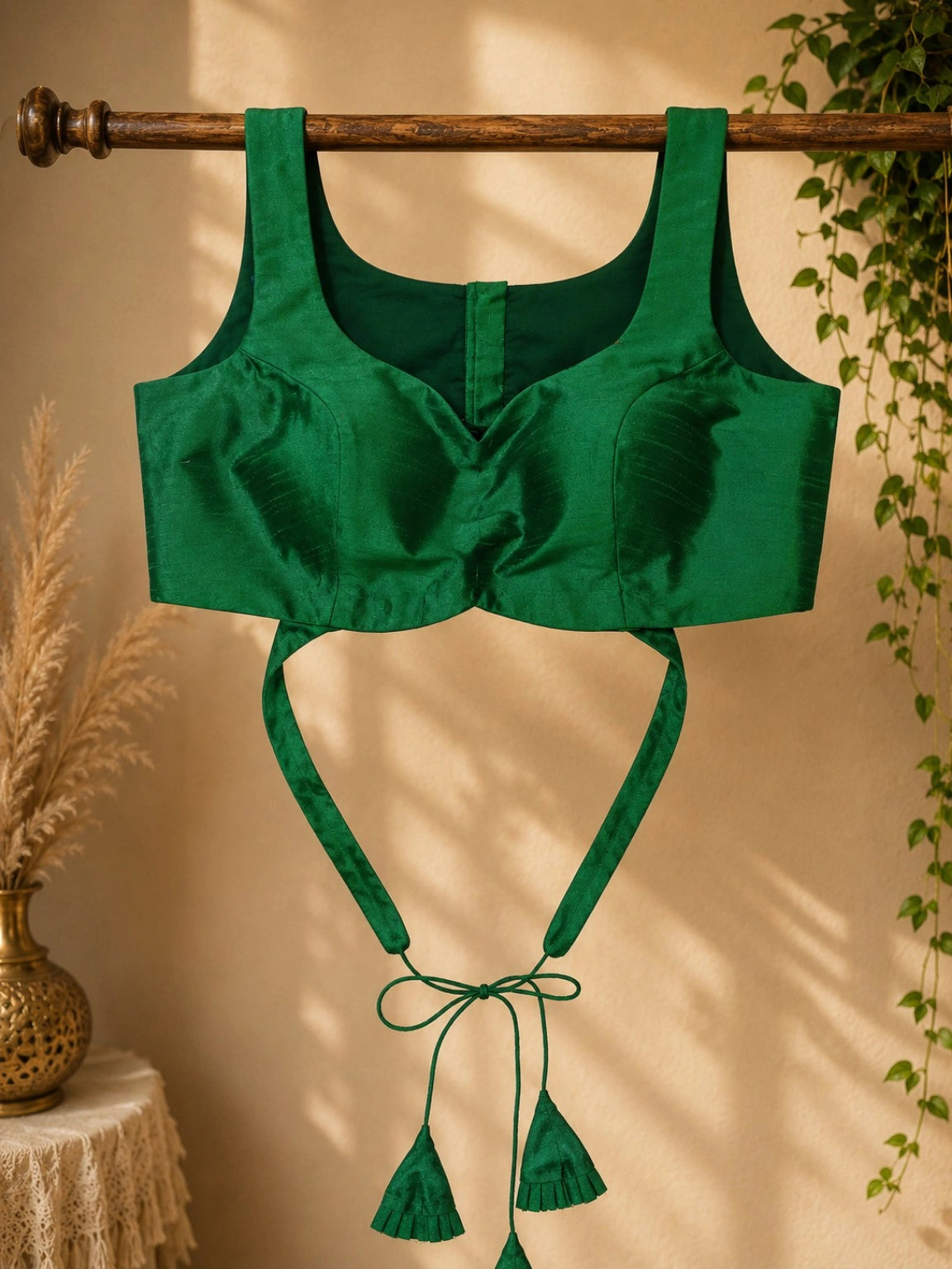 Emerald Green Raw Silk Sweetheart Neck Sleeveless Readymade Blouse for Festive & Ethnic Wear