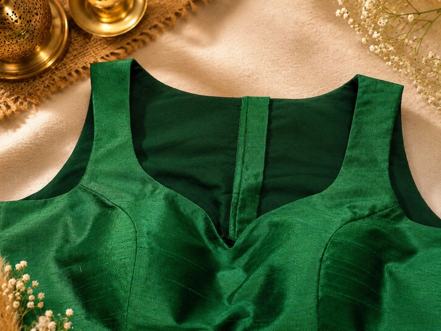 Emerald Green Raw Silk Sweetheart Neck Sleeveless Readymade Blouse for Festive & Ethnic Wear