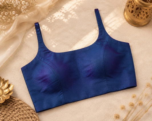 Navy Blue Raw Silk Sleeveless Round Neck Saree Blouse for Festive & Ethnic Wear