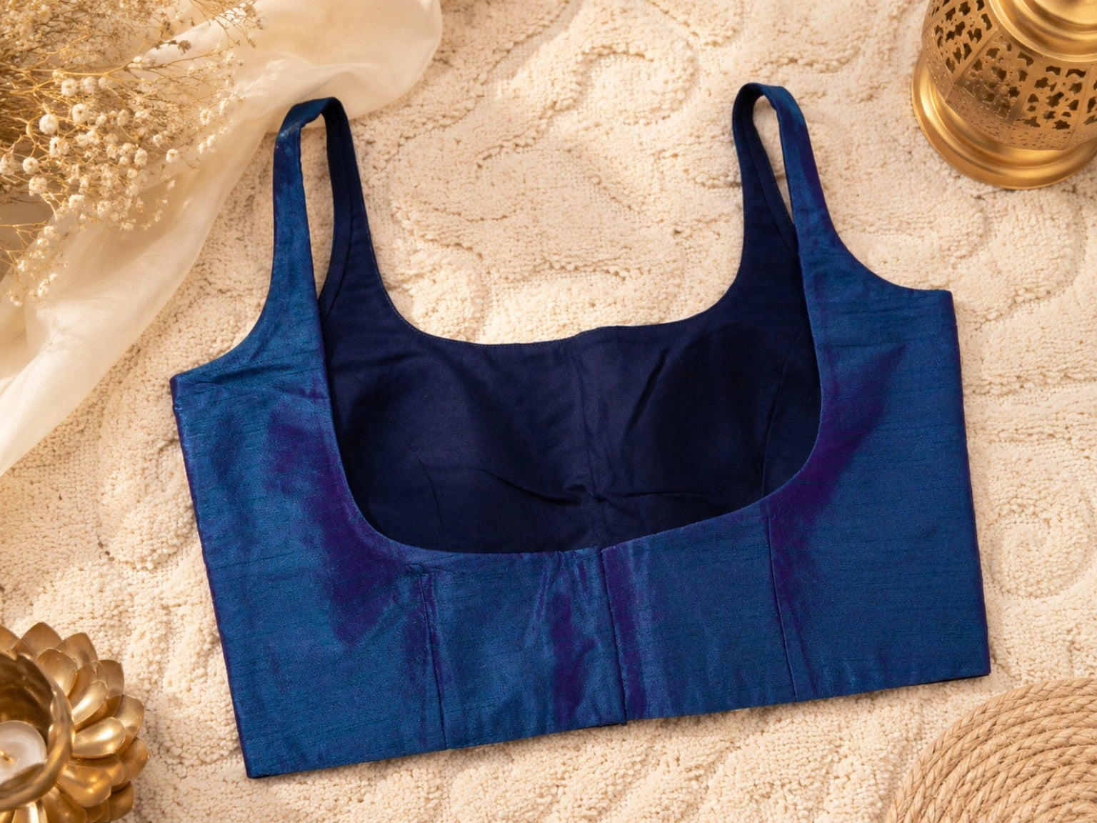 Navy Blue Raw Silk Sleeveless Round Neck Saree Blouse for Festive & Ethnic Wear