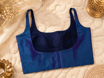 Navy Blue Raw Silk Sleeveless Round Neck Saree Blouse for Festive & Ethnic Wear