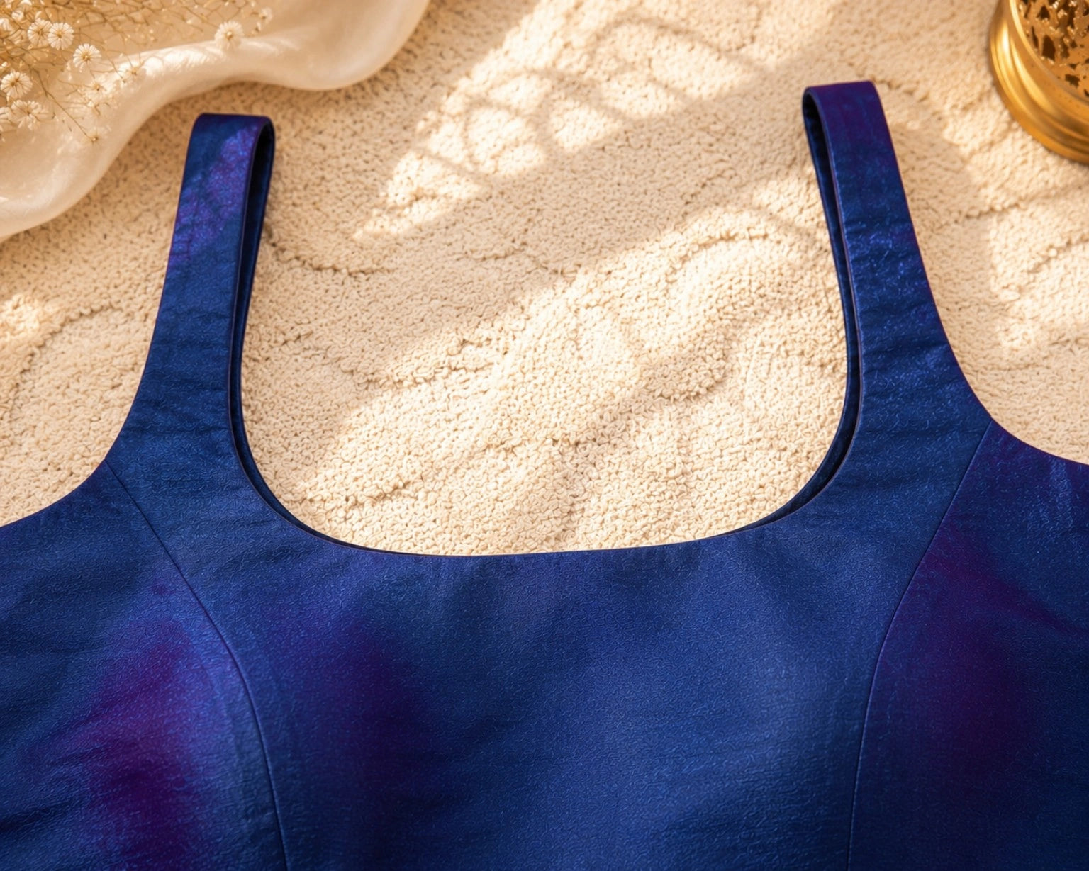 Navy Blue Raw Silk Sleeveless Round Neck Saree Blouse for Festive & Ethnic Wear
