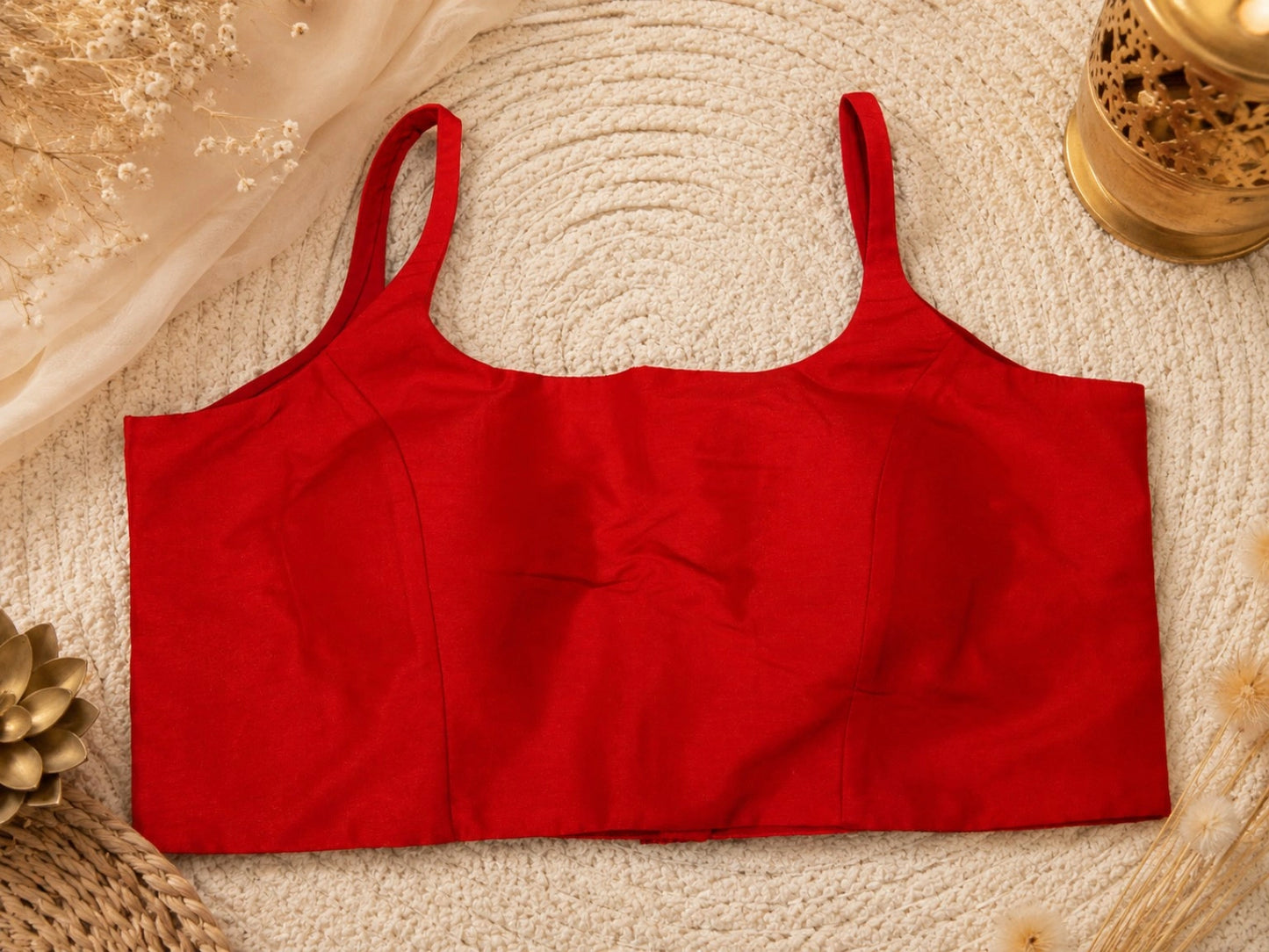 Red Raw Silk Sleeveless Round Neck Saree Blouse for Festive & Party Wear