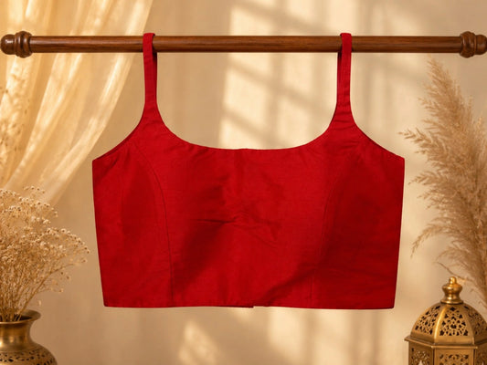 Red Raw Silk Sleeveless Round Neck Saree Blouse for Festive & Party Wear