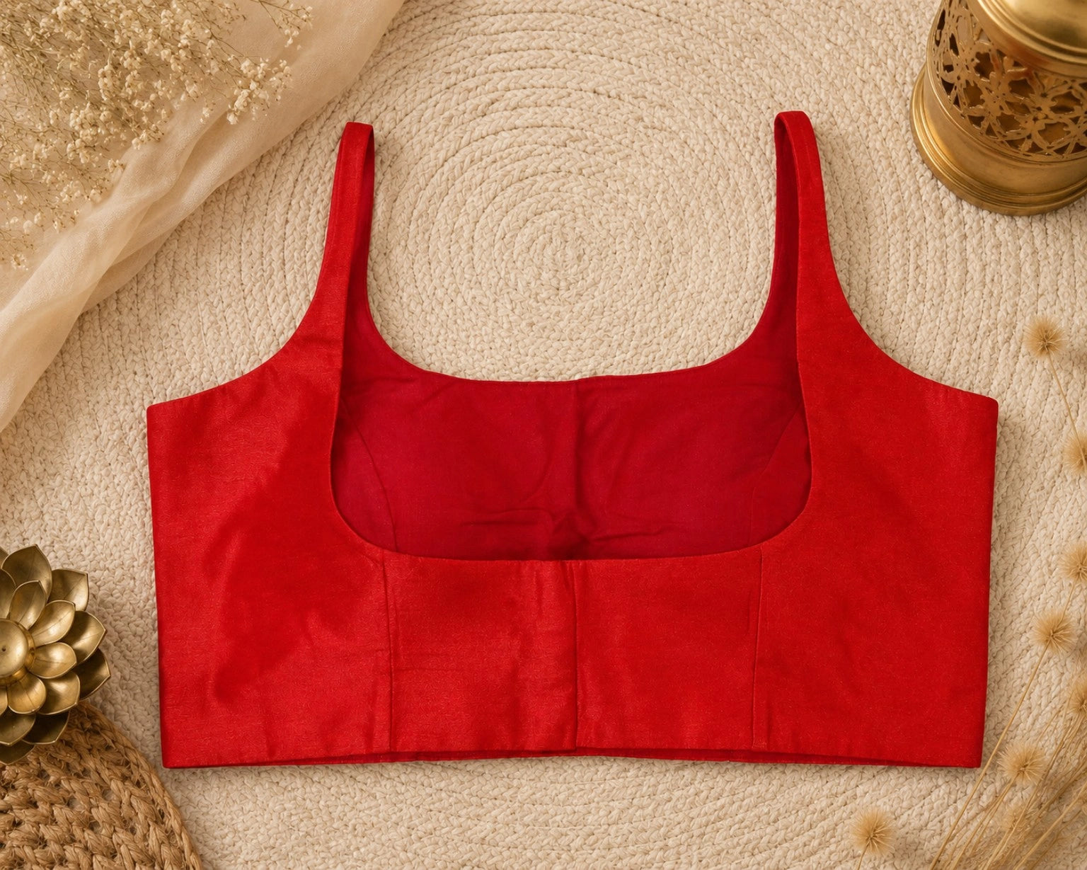 Red Raw Silk Sleeveless Round Neck Saree Blouse for Festive & Party Wear