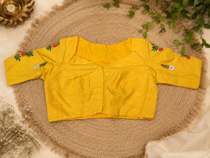 Mustard Yellow Boat Neck Hand Work Glass Embroidered Blouse for Saree