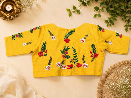 Mustard Yellow Boat Neck Hand Work Glass Embroidered Blouse for Saree
