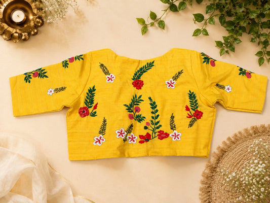 Mustard Yellow Boat Neck Hand Work Glass Embroidered Blouse for Saree