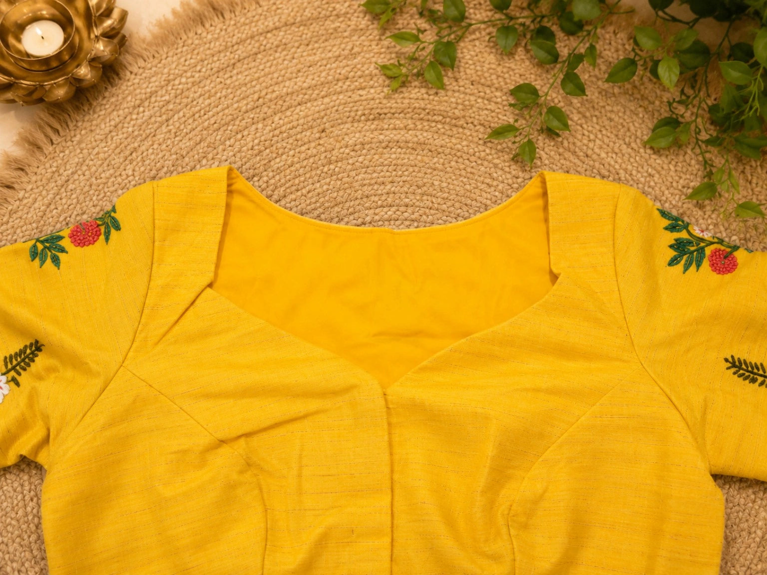 Mustard Yellow Boat Neck Hand Work Glass Embroidered Blouse for Saree