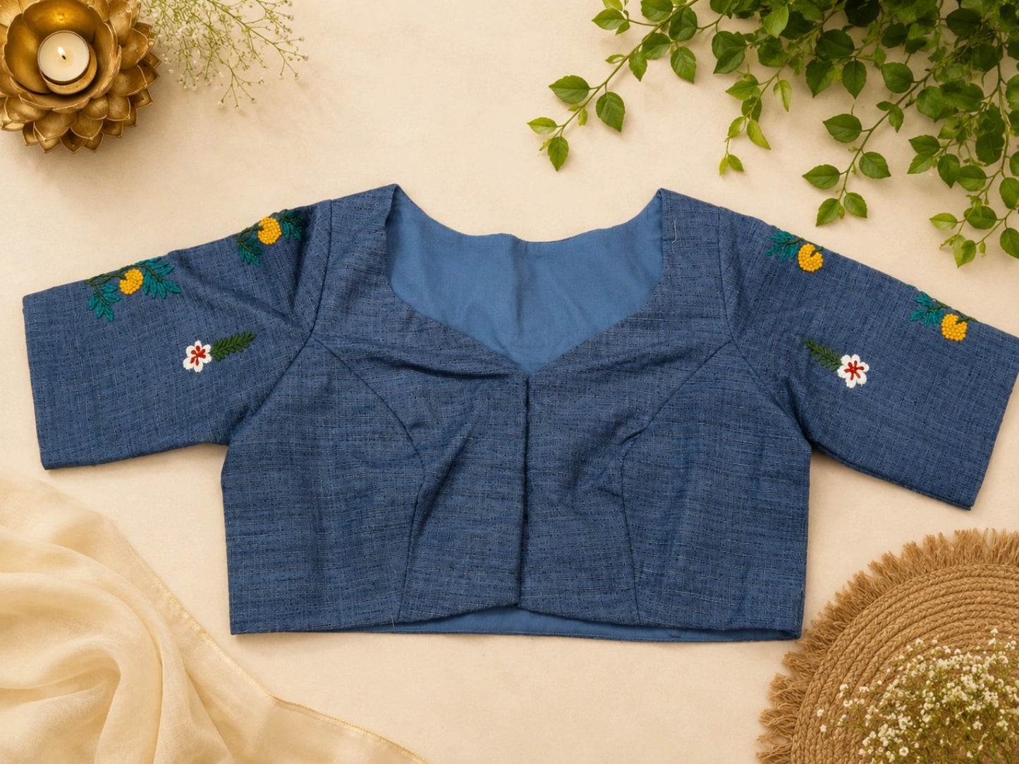 Steel Blue Boat Neck Hand Work Glass Embroidered Blouse for Saree