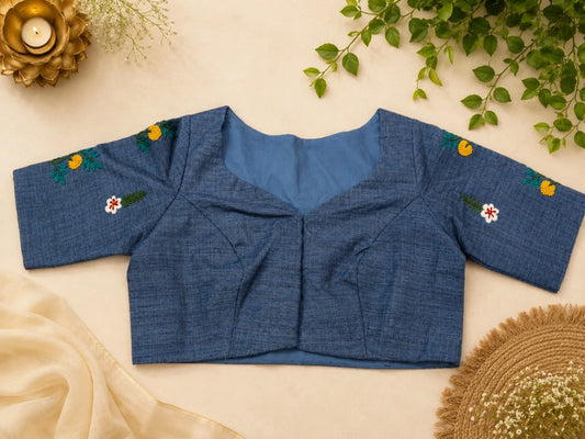 Steel Blue Boat Neck Hand Work Glass Embroidered Blouse for Saree
